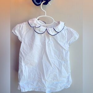 Jacadi French boutique blouse white navy button ruffle collar